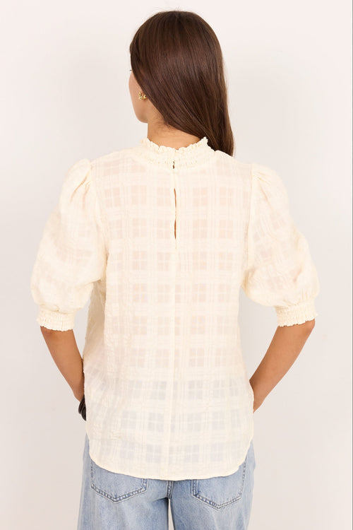A woman viewed from the back wearing a cream-colored textured blouse with puff sleeves and a high ruffled collar, paired with light blue jeans, against a plain white background.
col_pattern