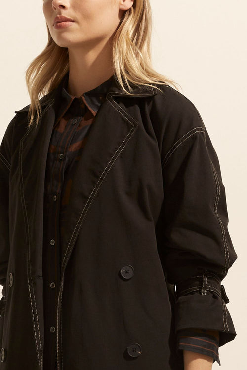 model wears a black coat