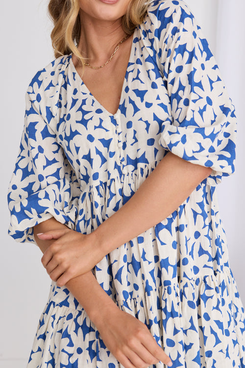 model wears a blue floral mini dress