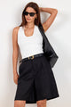 Scale Black Pleat Front Linen Bermuda Shorts
