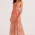 model wears a pink floral maxi dress