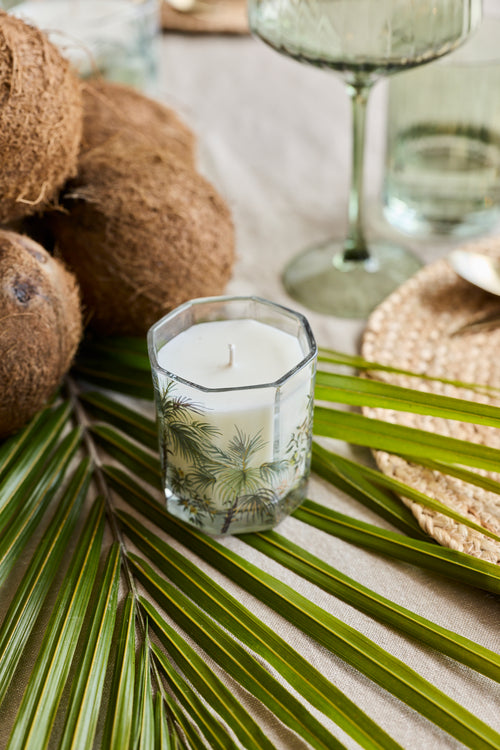 A small hexagonal glass candle holder with a white candle and a printed green palm leaf design, styled on green palm leaves with coconuts and a glass goblet in the background.