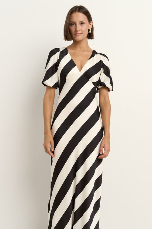 Shop Amora Black White Stripe SS Bias Midi Dress | Flo & Frankie Shop Amora Black White Stripe SS Bias Midi Dress | Flo & Frankie