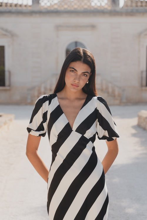 Shop Amora Black White Stripe SS Bias Midi Dress | Flo & Frankie Shop Amora Black White Stripe SS Bias Midi Dress | Flo & Frankie