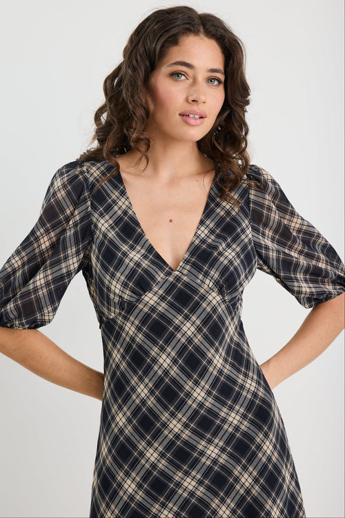 Woman wearing a check midi dress
