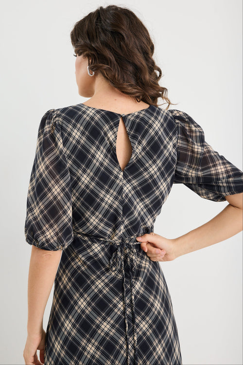 Woman wearing a check midi dress