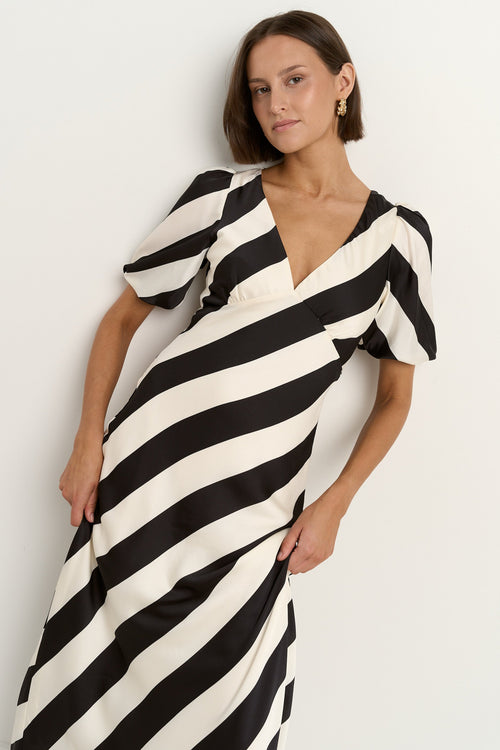 Shop Amora Black White Stripe SS Bias Midi Dress | Flo & Frankie Shop Amora Black White Stripe SS Bias Midi Dress | Flo & Frankie