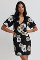 Amour Black Floral Satin Bubble Sleeve Mini Dress