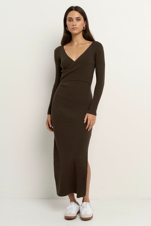 Shop Another Dark Khaki Wrap Rib Knit Maxi Dress | Flo & Frankie Shop Another Dark Khaki Wrap Rib Knit Maxi Dress | Flo & Frankie