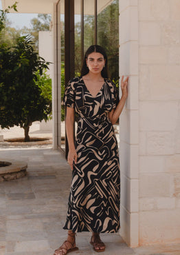 model wears a black beige patten maxi dress