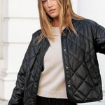 Apex Black PU Leather Collarless Quilted Puffer Jacket