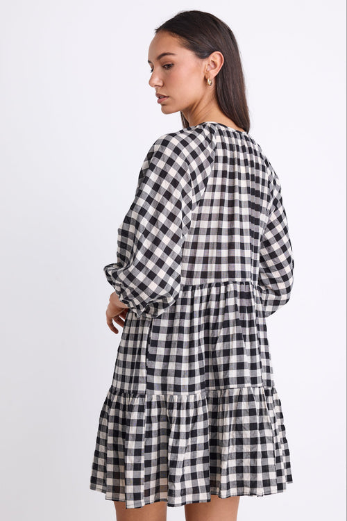 Shop Aries Black Gingham Mid Sleeve Tiered Button Front Mini Dress | F Shop Aries Black Gingham Mid Sleeve Tiered Button Front Mini Dress | F