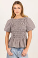 Artifact Chocolate Mini Gingham Shirred Bubble Sleeve Top