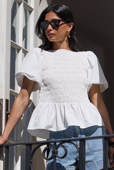 Artifact Ivory Poplin Shirred Bubble Sleeve Top