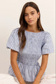 Artifact Pale Blue Stripe Shirred Bubble Sleeve Top
