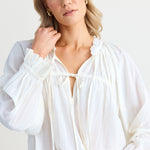 Artist Ivory Voile LS Tie Front Relaxed Gathered Top