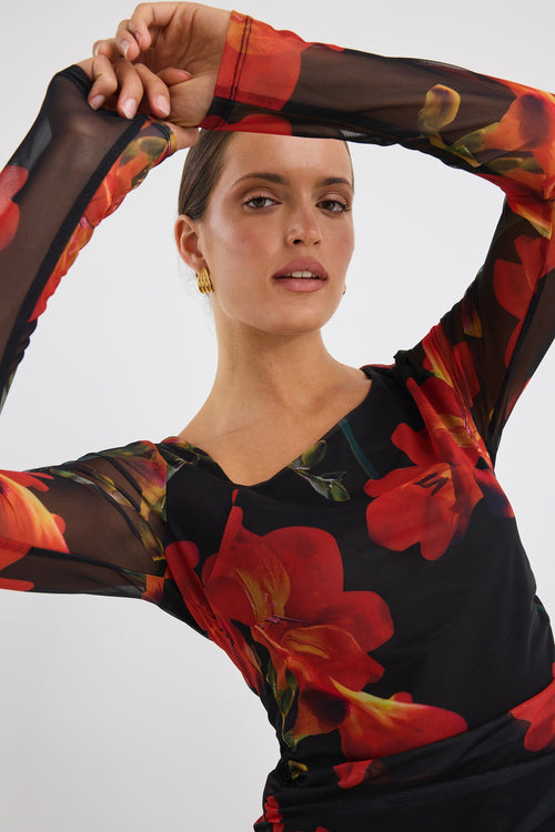 red floral mesh dress Brick Red Floral Halter Midi Dress - Event Dresses