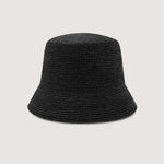 A black woven bucket hat with a textured straw-like finish, photographed from the back against a solid light gray background.