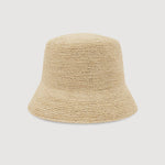 A light beige woven straw bucket hat, shown from the back against a solid light gray background.