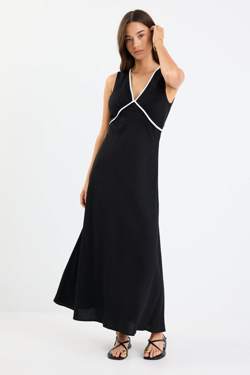 Shop Aston Black Linen Blend Contrast Bias Flared Maxi Dress | Flo & F Shop Aston Black Linen Blend Contrast Bias Flared Maxi Dress | Flo & F