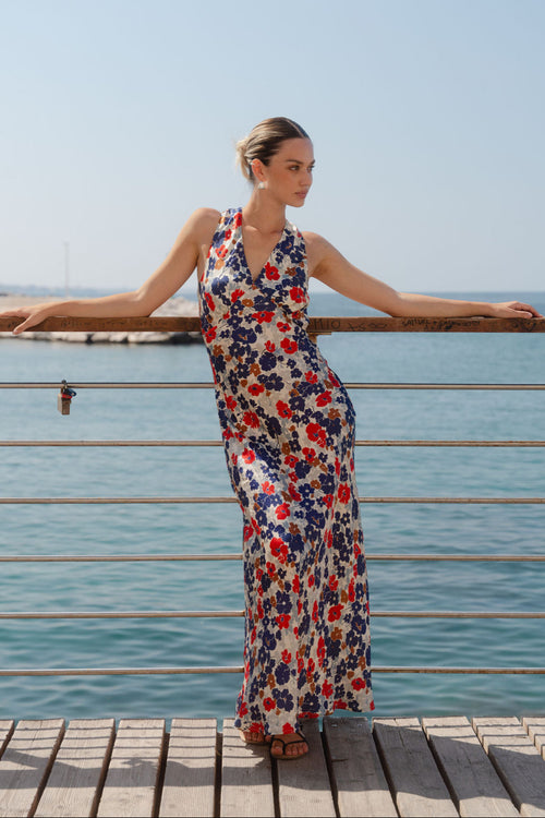 Shop Aston Blue Red Poppy Satin Bias Flared Maxi Dress | Flo & Frankie Shop Aston Blue Red Poppy Satin Bias Flared Maxi Dress | Flo & Frankie