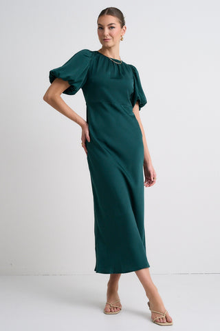 model wears a Green Satin Maxi Dress 