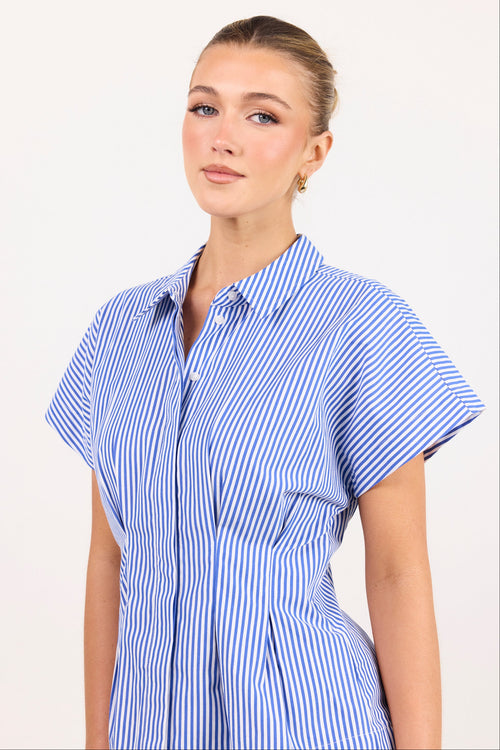 A woman modeling a short-sleeve button-up shirt dress with vertical blue and white stripes, photographed against a plain light background.