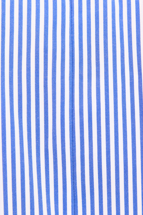 Close-up of a blue and white vertically striped fabric texture.
