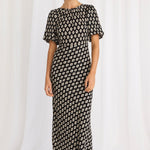 model wears a Black Print Bias Maxi Dress