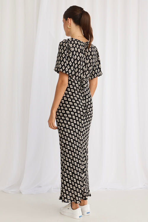 model wears a Black Print Bias Maxi Dress