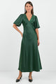 Aura Forest Satin Puff Short Sleeve Bias Midi Dress
