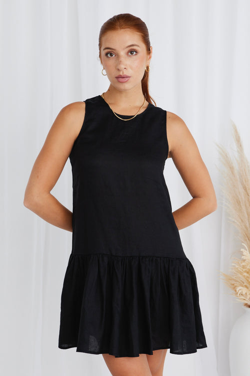 model wears a black smock dress