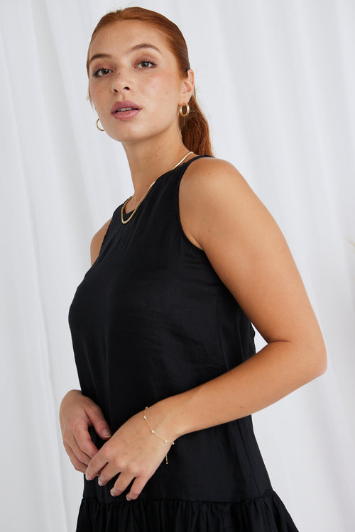 model wears a black smock dress