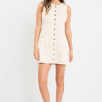 light denim mini dress with button front on model