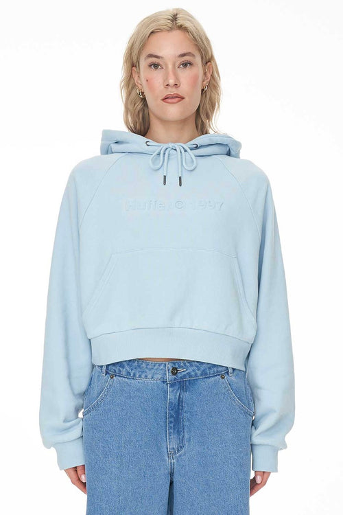 model wears a blue hoodie