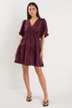 Axel Burgundy Plum Puff Sleeve V Neck Mini Dress