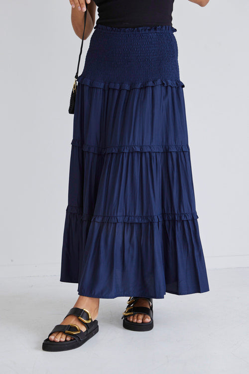 Soaring High Navy Washer Satin Shirred Waist Tiered Maxi Skirt WW Skirt Among the Brave   