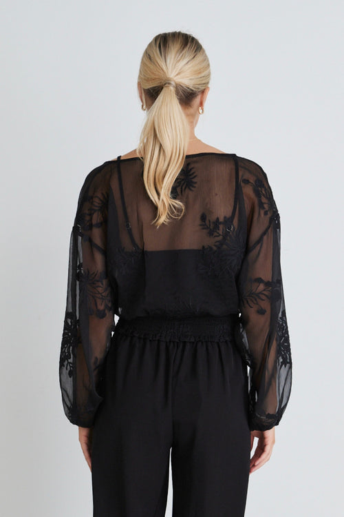 Nightfall Black Embroidered Sheer Cropped Ls top WW Top Ivy + Jack   