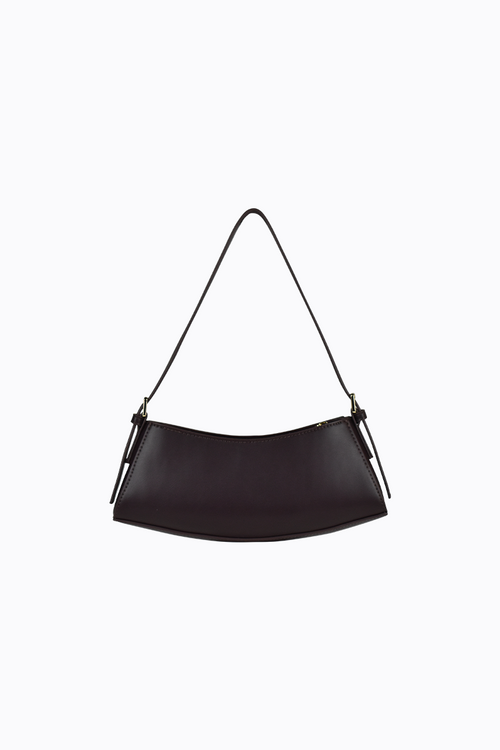 Black handbag with a strap on a white background