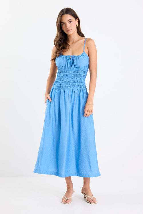 Shop Balcony Bright Blue Strappy Shirred Midi Dress | Flo & Frankie Shop Balcony Bright Blue Strappy Shirred Midi Dress | Flo & Frankie