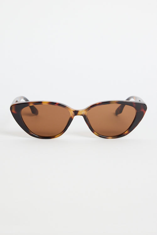 A pair of brown tortoiseshell cat-eye sunglasses with slim arms, photographed on a white background.