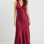 Bastion Burgundy Satin V Neck Tie Back Maxi Dress