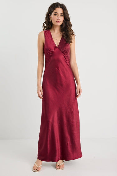 Bastion Burgundy Satin V Neck Tie Back Maxi Dress