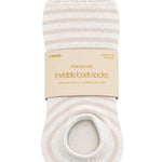 Beige and ivory three-pack invisible boat socks in stripe and polka dot designs, presented in Stories Be Told packaging.