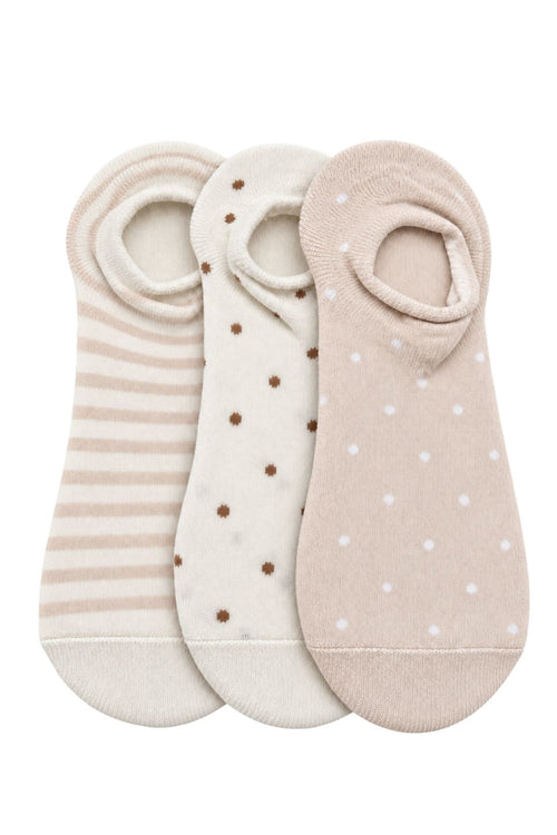 Beige and ivory three-pack invisible boat socks featuring stripe and polka dot patterns in a soft cotton blend.