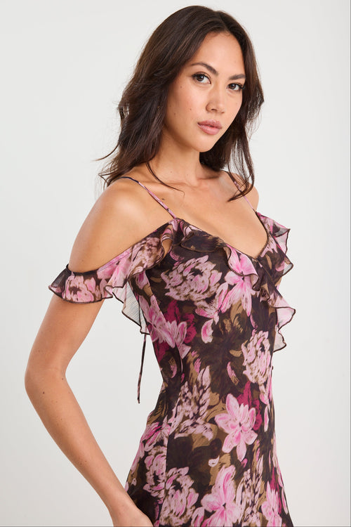 Woman wearing a floral off-shoulder dress on a white background