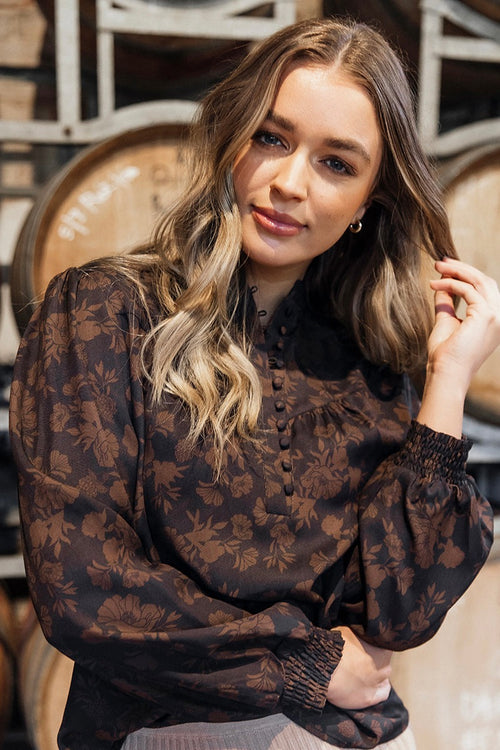 model wears a black floral top