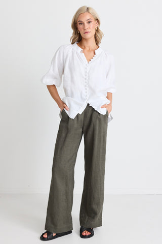 Bestow Dark Olive Linen Elastic Back Wide Leg Pants