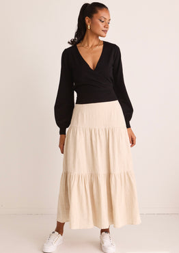 Blazing Sand Tiered Linen Midi Skirt