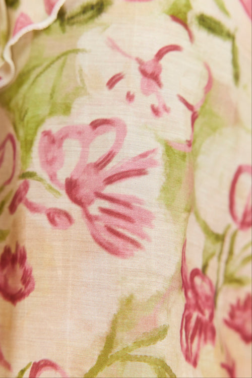 A close-up of a floral fabric print featuring soft pink flowers and green leaves on a warm cream background.
